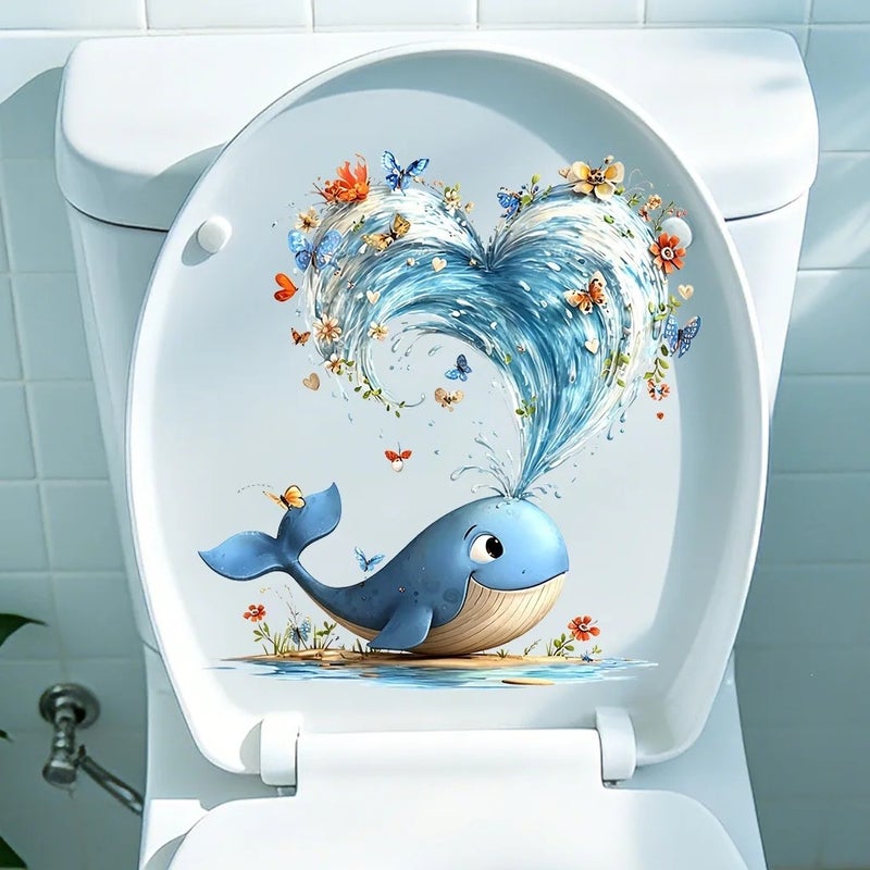 Cute Blue Whale Waterproof Self-Adhesive Toilet and Wall Decal, Animal Print for Bedroom & Living Room Bathroom Decor - Image 1