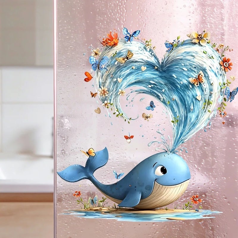 Cute Blue Whale Waterproof Self-Adhesive Toilet and Wall Decal, Animal Print for Bedroom & Living Room Bathroom Decor - Image 2