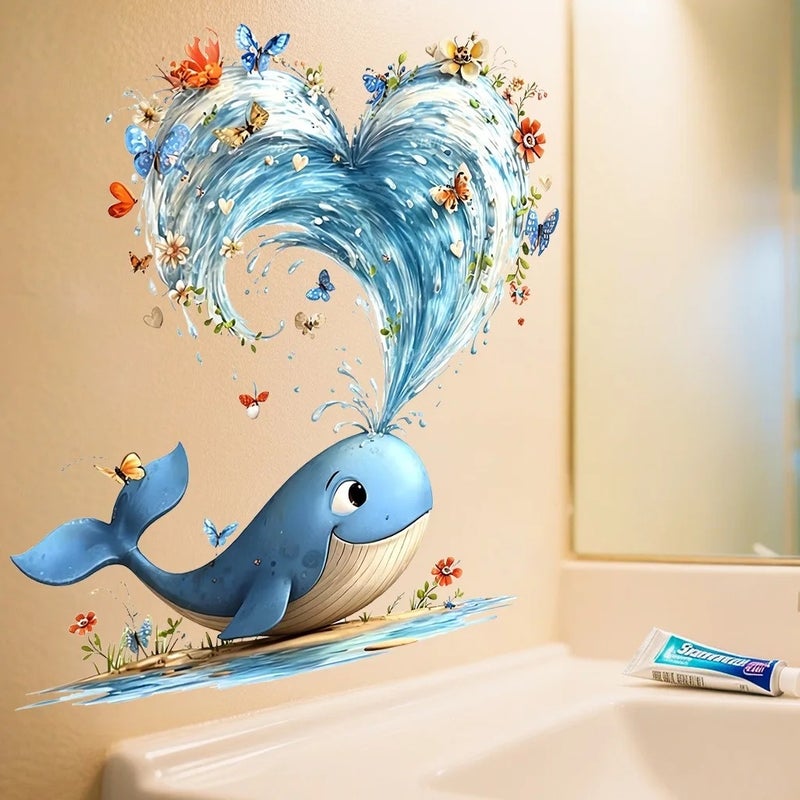 Cute Blue Whale Waterproof Self-Adhesive Toilet and Wall Decal, Animal Print for Bedroom & Living Room Bathroom Decor - Image 4