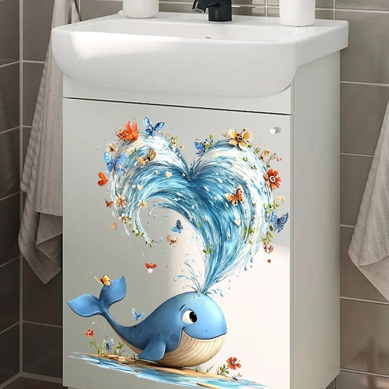 Cute Blue Whale Waterproof Self-Adhesive Toilet and Wall Decal, Animal Print for Bedroom & Living Room Bathroom Decor - Image 5