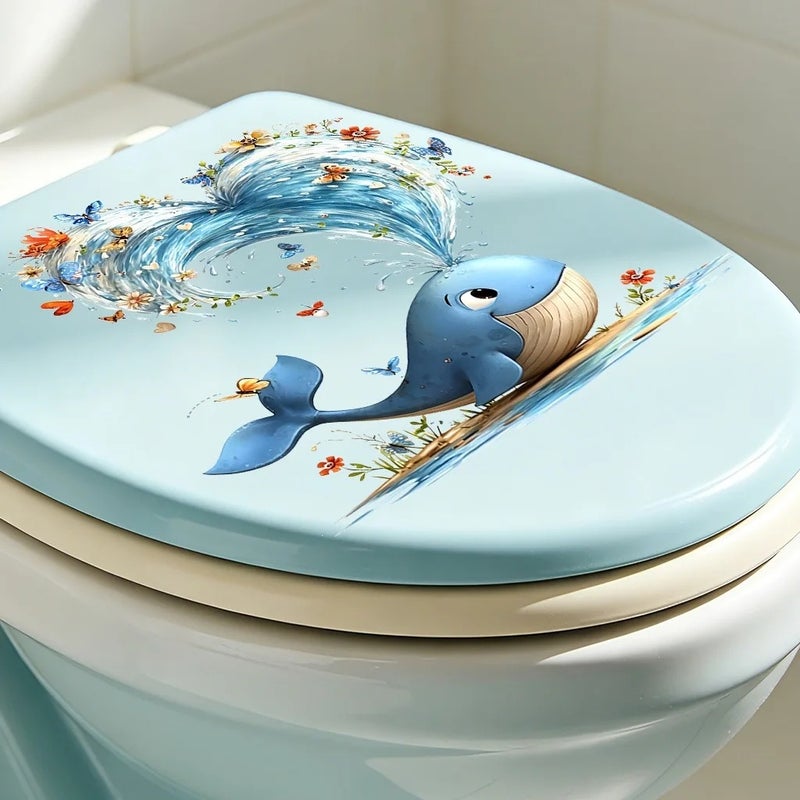 Cute Blue Whale Waterproof Self-Adhesive Toilet and Wall Decal, Animal Print for Bedroom & Living Room Bathroom Decor - Image 3