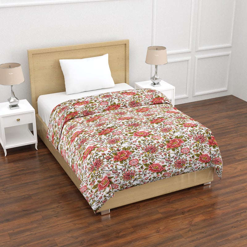 SIBLEY 300 TC Cotton Single Bed Peach and Green Heritage Flower Print Jaipuri Razai Jaipuri Rajai Ac Quilt for Winter Soft Light Weight Rajasthani Traditional Cotton Comforter (55 x 85 inch) - Image 3