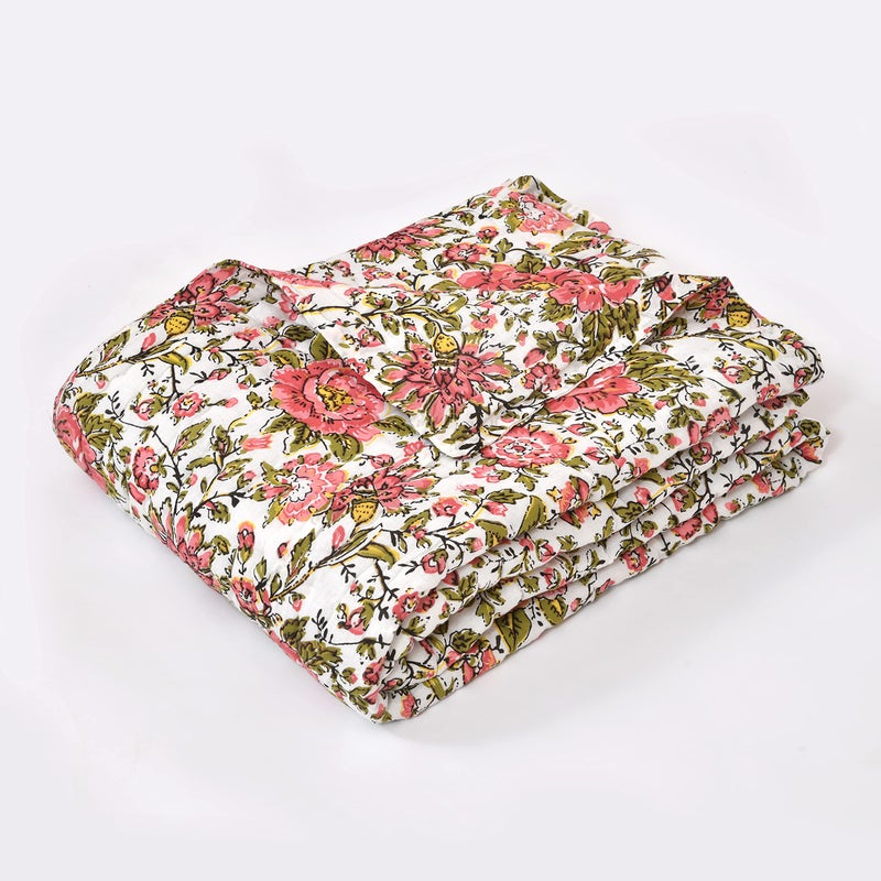 SIBLEY 300 TC Cotton Single Bed Peach and Green Heritage Flower Print Jaipuri Razai Jaipuri Rajai Ac Quilt for Winter Soft Light Weight Rajasthani Traditional Cotton Comforter (55 x 85 inch) - Image 5