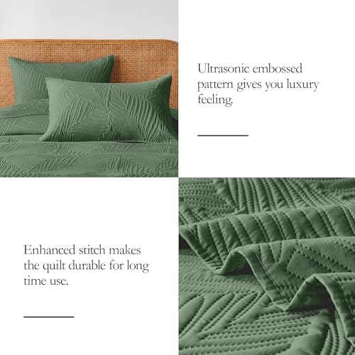 OARAGE King Quilt Bedding Set Lightweight Soft Olive Green Bedspread Coverlet with Leaf Pattern,Ultrasonic Microfiber Bed Cover Set for All Season 3 Pieces (1 Quilt, 2 Shams) - Image 5