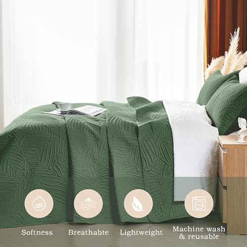 OARAGE King Quilt Bedding Set Lightweight Soft Olive Green Bedspread Coverlet with Leaf Pattern,Ultrasonic Microfiber Bed Cover Set for All Season 3 Pieces (1 Quilt, 2 Shams) - Image 3