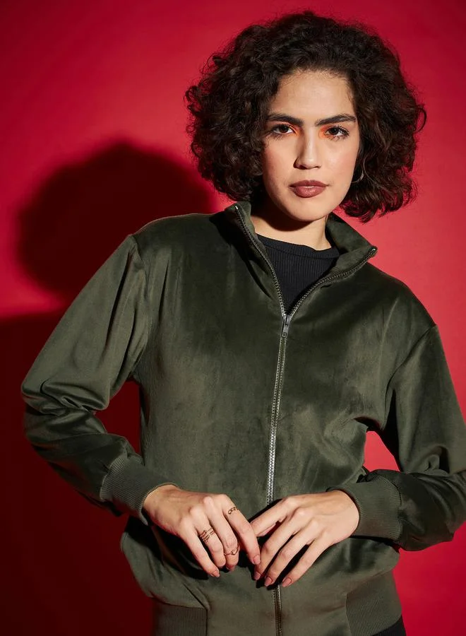 SASSAFRAS Velour Zipper Front Jacket with Slip Pocket by Styli