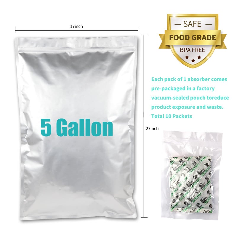 SHXWELL 10PCS 5 Gallon Mylar Bags with 2500CC Oxygen Absorbers and Labels, Zipper Resealable Pouches Heat Sealable Bags for Long Term Food Storage - Image 2