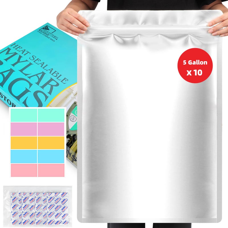 SHXWELL 10PCS 5 Gallon Mylar Bags with 2500CC Oxygen Absorbers and Labels, Zipper Resealable Pouches Heat Sealable Bags for Long Term Food Storage - Image 1