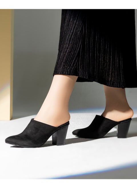 Mules Heel Suede Pointed Toe Elegant SB-20 - Black