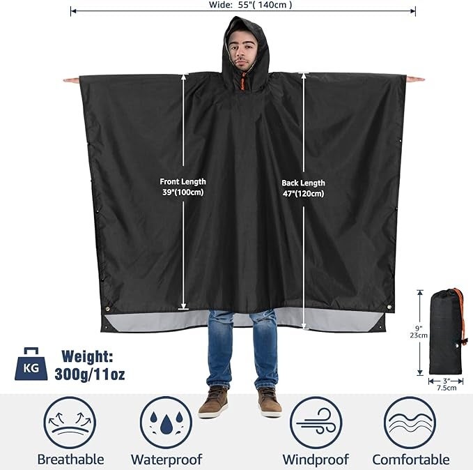 Waterproof Rain Poncho, Lightweight, Reusable, Hiking, Hooded, Outdoor - Image 5