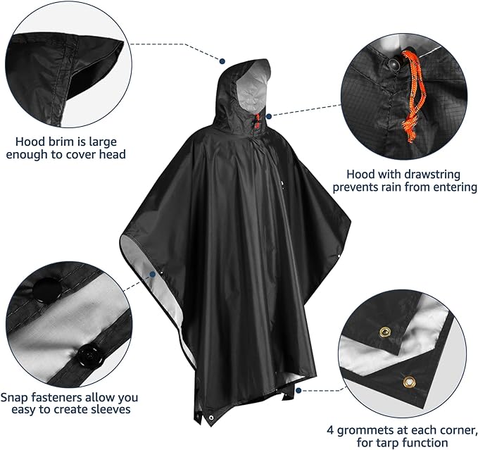 Waterproof Rain Poncho, Lightweight, Reusable, Hiking, Hooded, Outdoor - Image 3