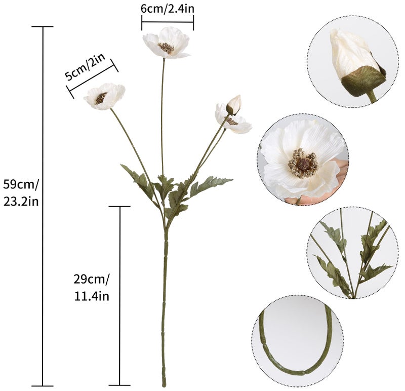IPOPU White Artificial Poppy Flowers 6pcs Poppies White Artificial Flowers with Stems Silk Flower Arrangements for Wedding Centerpieces for Home Table Bridal Shower Party Decorations (White) - Image 3