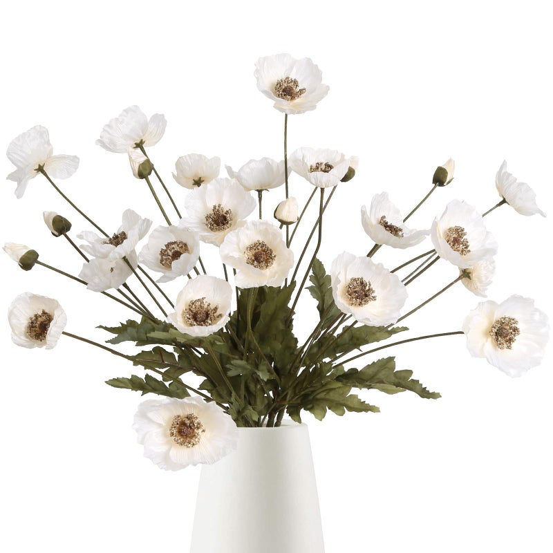 IPOPU White Artificial Poppy Flowers 6pcs Poppies White Artificial Flowers with Stems Silk Flower Arrangements for Wedding Centerpieces for Home Table Bridal Shower Party Decorations (White) - Image 1