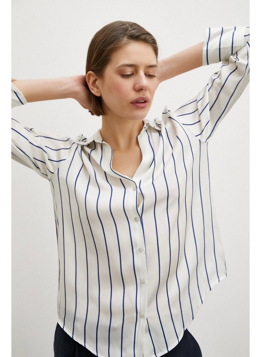 Never More Pinstripe Chiffon Shirt Ecru  - Image 4