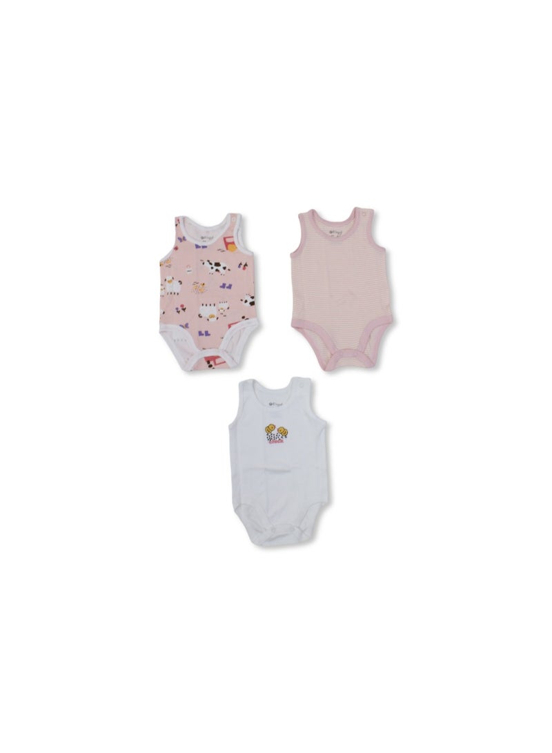 Baby Girls Cotton Sleeveless Bodysuit – Multicolor with Animals Print (Pack of 3) - Image 1