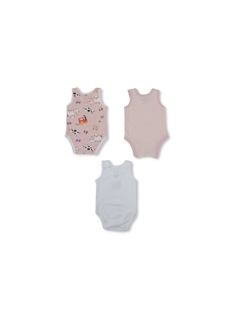 Baby Girls Cotton Sleeveless Bodysuit – Multicolor with Animals Print (Pack of 3) - Image 2