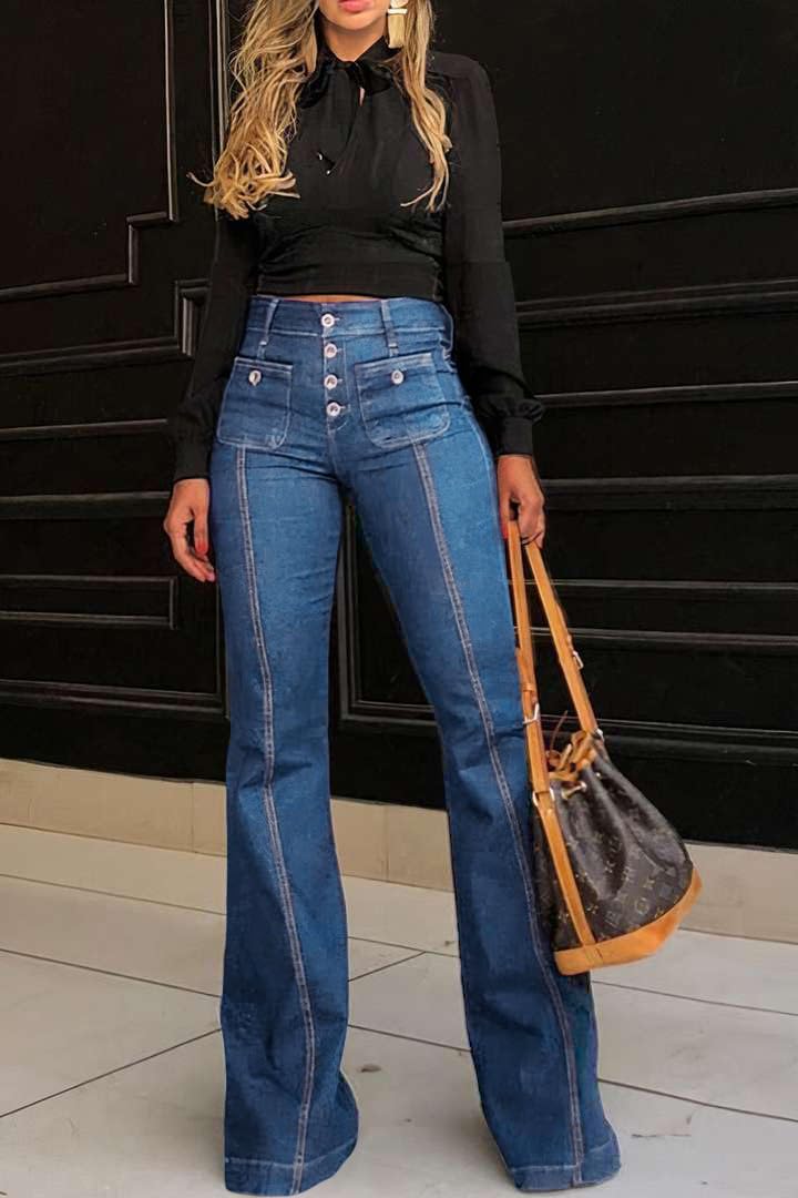 yoeasy Women's Flare Bell Bottom High Waist Jeans Vintage Stretch Bootcut Denim Trouser with Pocket (Large, Light Blue) - Image 2