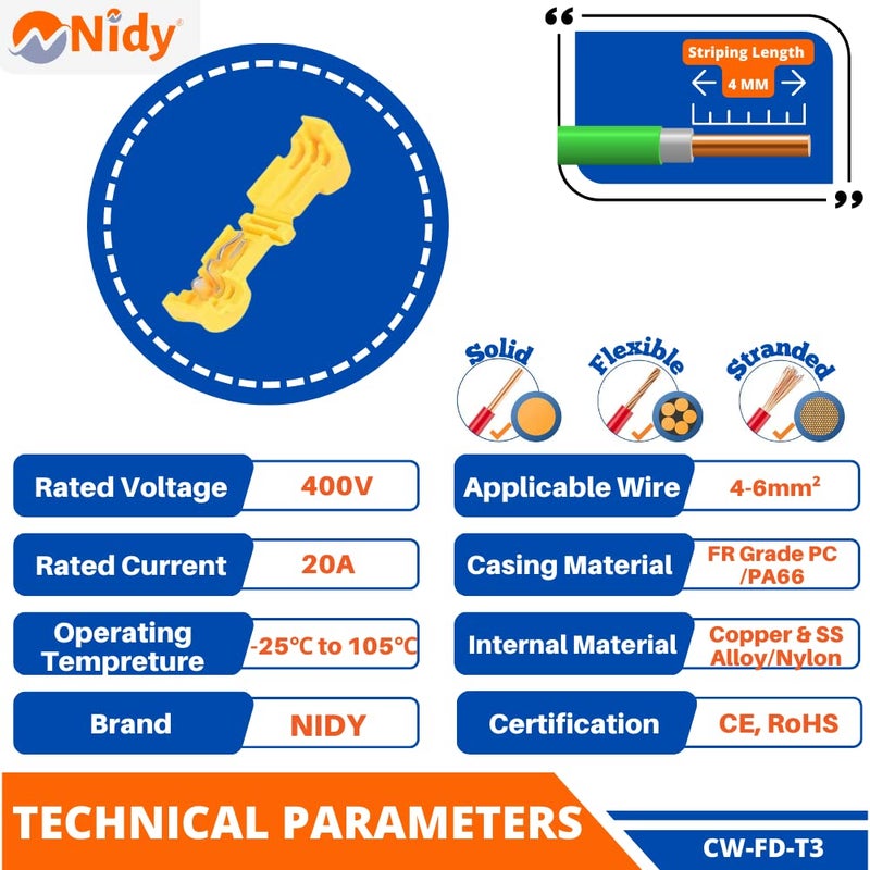 Nidy TTap Wire Connectors SelfStripping Quick Splice Electrical Wire Terminals Insulated Male Quick Disconnect Spade Terminals Connectors AWG 1210 Wire 46mm CWFDT3Yellow - Image 2