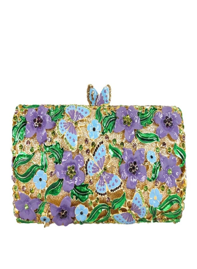 Boutique De FGG حقائب يد صغيرة مزينة بالزهور من بوتيك دي إف جي جي للنساء، حقيبة سهرة مزينة بالفراشة والكريستال، حقيبة يد صلبة مصنوعة يدويًا بلون أرجواني فاتح - Image 1