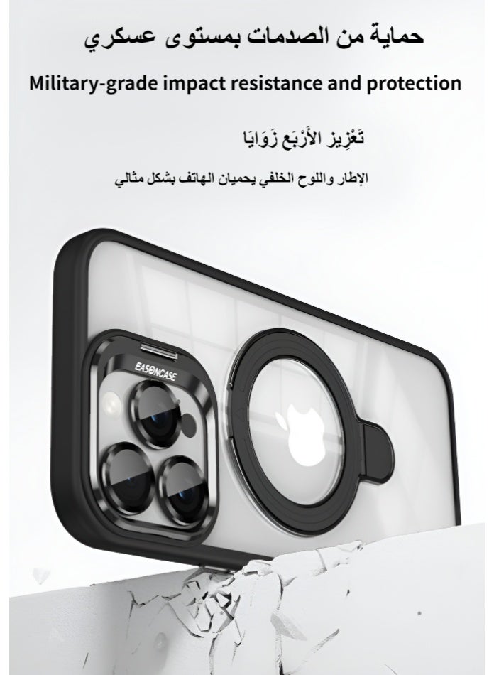 غلاف آيفون 16 برو ماكس مع حامل معدني - متوافق مع MagSafe، حماية عسكرية من السقوط، خلفية شفافة مقاومة للاصفرار، يشمل حماية للعدسة، تصميم رفيع وأنيق (أسود) - Image 5