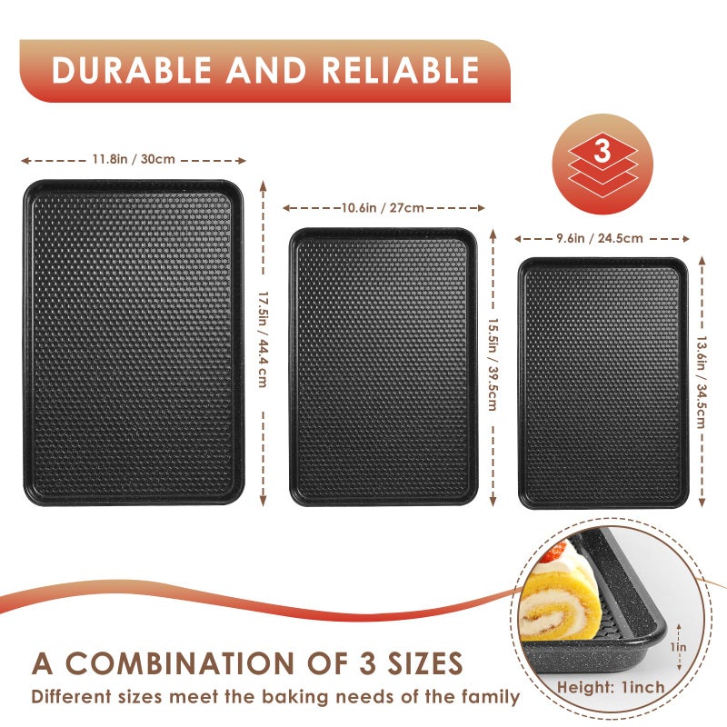 Deedro Baking Sheet Pan Set of 3, Nonstick Carbon Steel Cookie Sheets with Texture, Commercial Half/Quarter/Jelly Roll Pans Replacement Toaster Oven Tray, Heavy Duty & Easy Clean, Black - Image 2