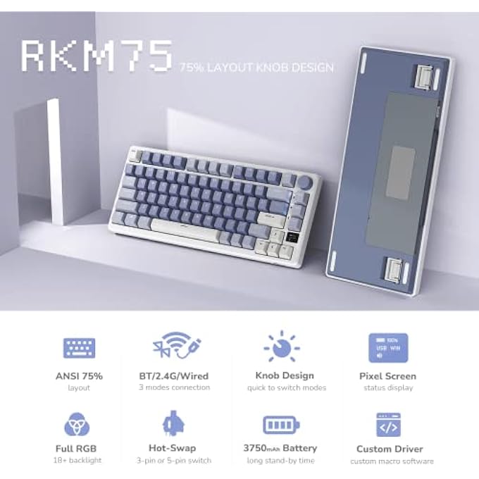 RK M75 GAMING KEYBOARD WIRELESS 75% TKL MECHANICAL KEYBOARD RGB 2.4GHZ WIRELESS/BLUETOOTH/USB-C QWERTZ WITH OLED SMART DISPLAY AND BUTTON HOT SWAPPABLE BROWN SWITCH, LAVENDER PURPLE - Image 2