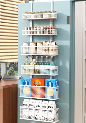 Bunoxea 6-Tier Over The Door Pantry Organizer,Hanging Spice Rack,Over Door Adjustable Basket with Handle,Pantry Organization And Storage, Laundry Room,Bathroom,Large Capacity,D5.3xW15.7xH60.9in - Image 1