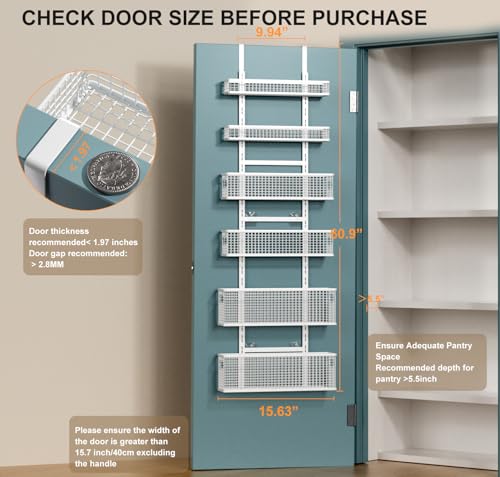 Bunoxea 6-Tier Over The Door Pantry Organizer,Hanging Spice Rack,Over Door Adjustable Basket with Handle,Pantry Organization And Storage, Laundry Room,Bathroom,Large Capacity,D5.3xW15.7xH60.9in - Image 2