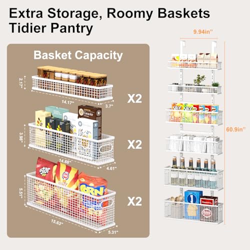 Bunoxea 6-Tier Over The Door Pantry Organizer,Hanging Spice Rack,Over Door Adjustable Basket with Handle,Pantry Organization And Storage, Laundry Room,Bathroom,Large Capacity,D5.3xW15.7xH60.9in - Image 5