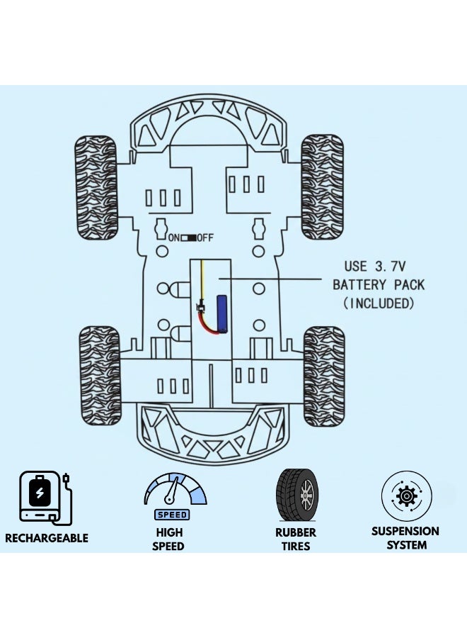 سيارة تحكم عن بعد عالية السرعة بمقياس 1:16 مع جهاز تحكم عن بعد بتردد 2.4 جيجاهرتز - بطارية قابلة للشحن 3.7 فولت - لعبة سيارة متينة للطرق الوعرة للأطفال مع شاحن USB - تتضمن جهاز تحكم عن بعد وملحقات - Image 4