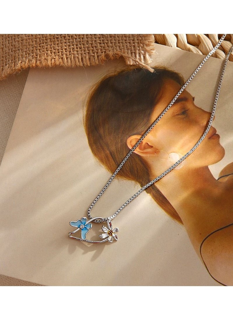 Satinior - Simple Flower Blue Butterfly Necklace - Image 1