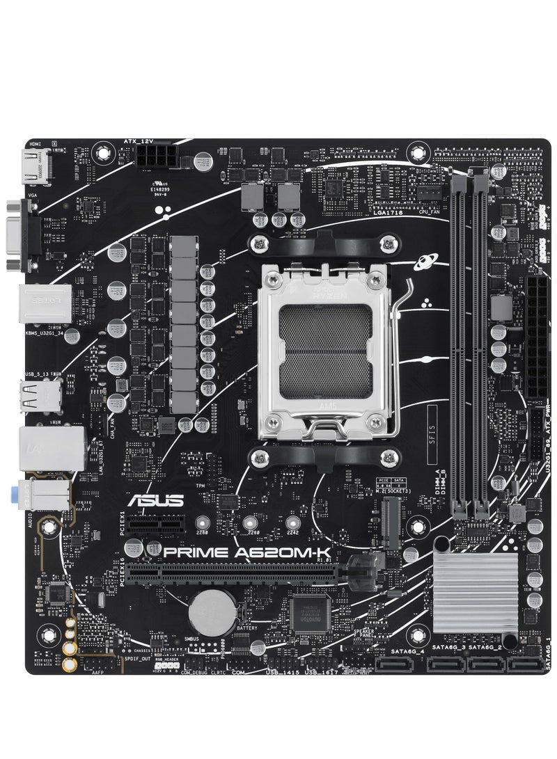 أسوس لوحة أم PRIME A620 micro-ATX من AMD، DDR5، دعم بطاقة الرسوميات PCIe 4.0 و PCIe 4.0 M.2، HDMI™، VGA، USB 3.2 Gen 1 Type-A، SATA 6 Gbps، إلغاء الضوضاء الذكي ثنائي الاتجاه، Aura Sync - Image 4