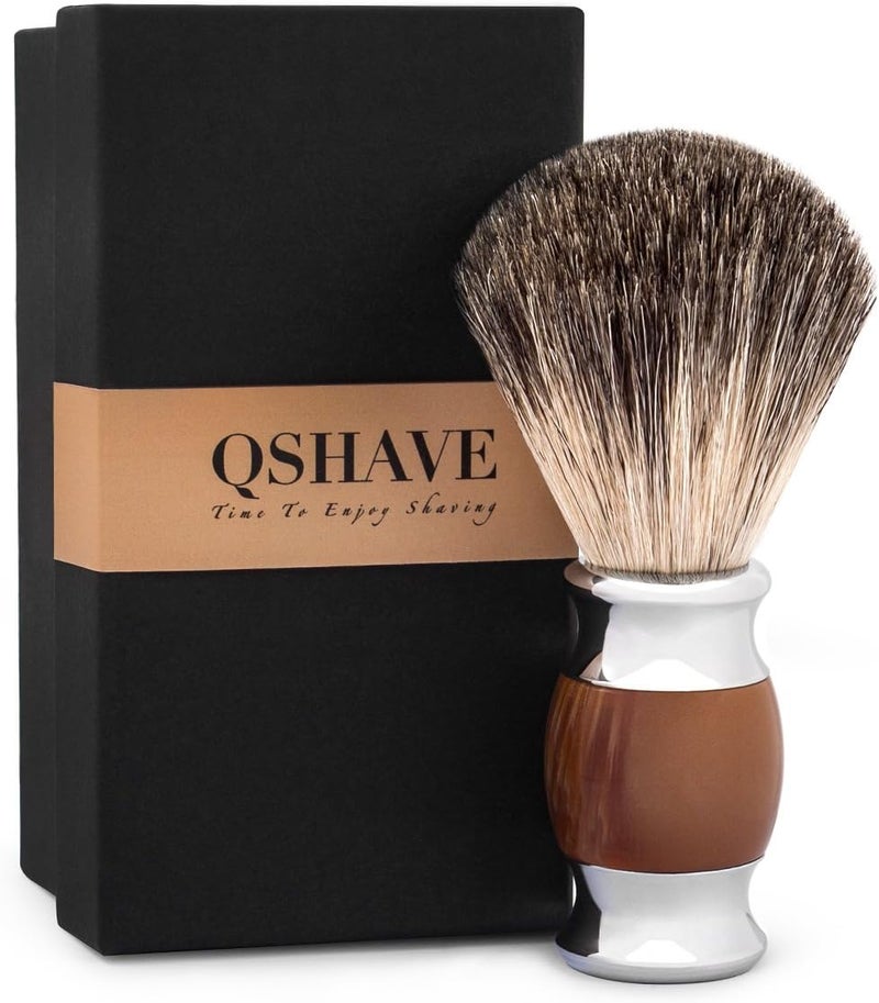 QSHAVE 100 Best Original Pure Badger Hair Shaving Brush Handmade Faux Agate Handle Perfect for Wet Shave Safety Razor Double Edge Razor - Image 1