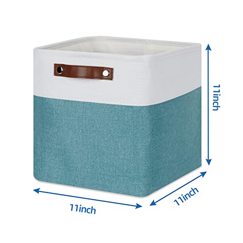 Temary 11 Inch Cube Storage Bins Cubes Storage Baskets 4 Pack Fabric Baskets for Gift Empty, Collapsable Fabric Storage Cubes Basket for Storage clothes, Teal Storage Bins for Shelves (White&Teal) - Image 2