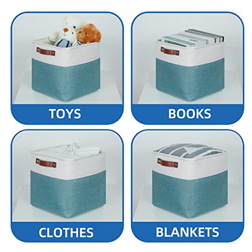 Temary 11 Inch Cube Storage Bins Cubes Storage Baskets 4 Pack Fabric Baskets for Gift Empty, Collapsable Fabric Storage Cubes Basket for Storage clothes, Teal Storage Bins for Shelves (White&Teal) - Image 4