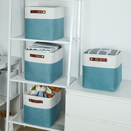 Temary 11 Inch Cube Storage Bins Cubes Storage Baskets 4 Pack Fabric Baskets for Gift Empty, Collapsable Fabric Storage Cubes Basket for Storage clothes, Teal Storage Bins for Shelves (White&Teal) - Image 5