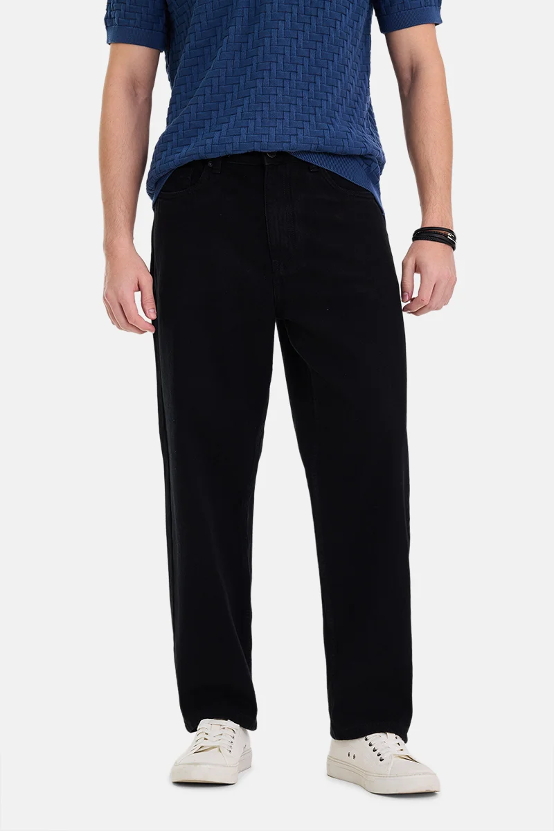 SNITCH Black Solid Loose Fit Streetwear Jeans