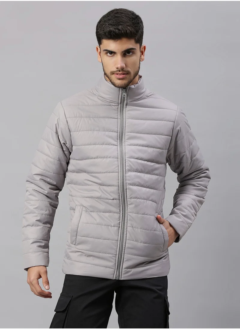 دينيس لينغو Grey Regular Fit Men's Solid Polyester Jacket with Spread Collar and Full Sleeves