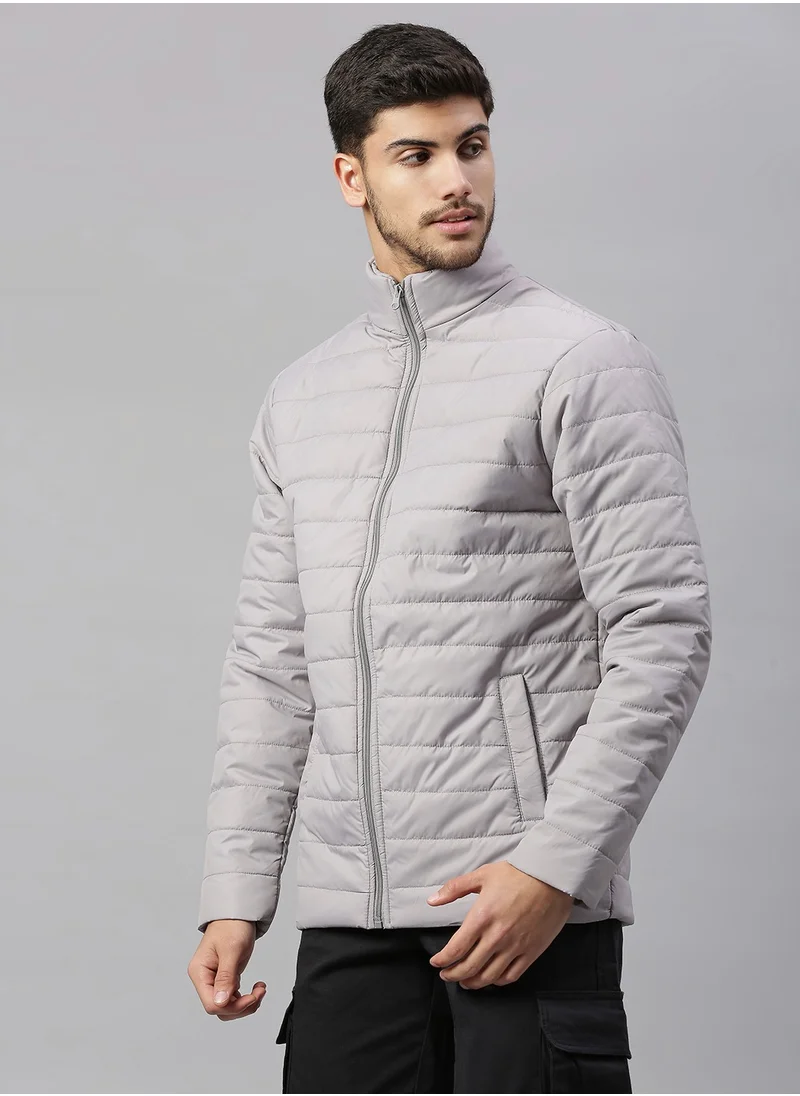 دينيس لينغو Grey Regular Fit Men's Solid Polyester Jacket with Spread Collar and Full Sleeves