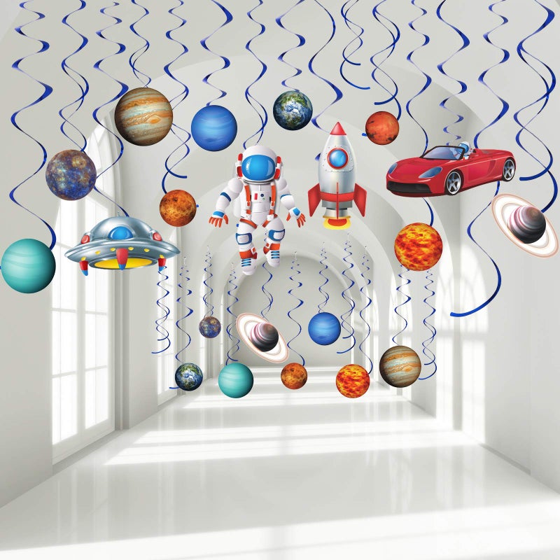 Blulu 30 Pcs Solar System Hanging Swirls Decorations Outer Space Party Supplies Ceiling Hanging Planet Swirls UFO Rocket Astronaut for Birthday Baby Shower Space Themed Party Decorations - Image 2