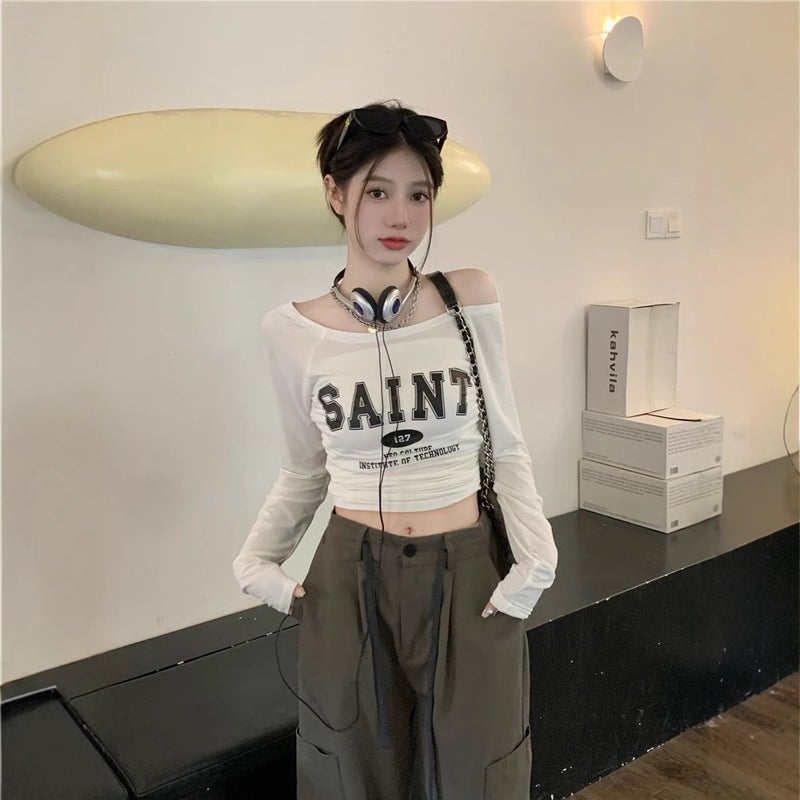 Southeast Asia New Style T-Shirt For Women, Pure Desire Girl Short One-Shoulder Top, Chic Tight Long-Sleeved T-Shirt - Image 4