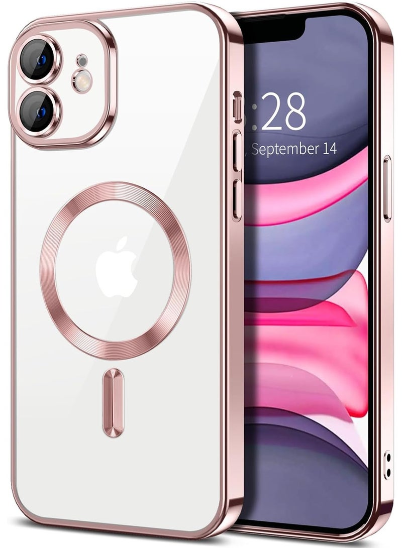 Electroplated Case For Iphone 11 Camera Lens Full Protection Compatible with MagSafe Wireless Charging, Shockproof Soft TPU Phone Magnetic Cover (Rose Gold) - Image 1