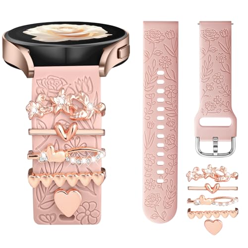 DaQin Flower Engraved Band Compatible with Samsung Galaxy Watch 7 Band/FE 6 5 4 40mm 44mm,Galaxy Active 2, 20mm Watch Band Soft Silicone Replacement Strap with Decorative Charms Accessories Women - Image 1