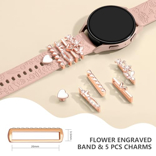 DaQin Flower Engraved Band Compatible with Samsung Galaxy Watch 7 Band/FE 6 5 4 40mm 44mm,Galaxy Active 2, 20mm Watch Band Soft Silicone Replacement Strap with Decorative Charms Accessories Women - Image 5