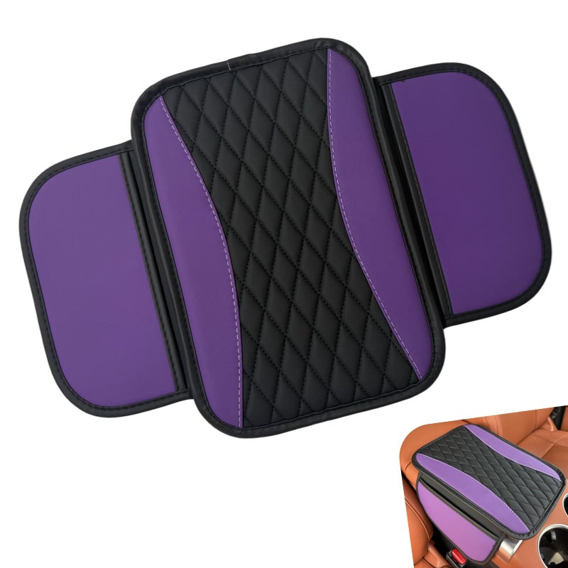 Ferianl Car Center Console Cover Patchwork Leather Armrest Cover Cushion with 2 Storage Bag Waterproof Comfortable Auto Arm Rest Pad Universal Center Console Protector for Sedan SUV Purple - Image 3