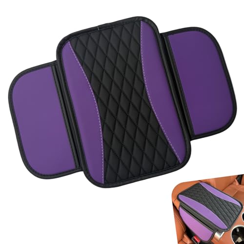 Ferianl Car Center Console Cover Patchwork Leather Armrest Cover Cushion with 2 Storage Bag Waterproof Comfortable Auto Arm Rest Pad Universal Center Console Protector for Sedan SUV Purple - Image 1