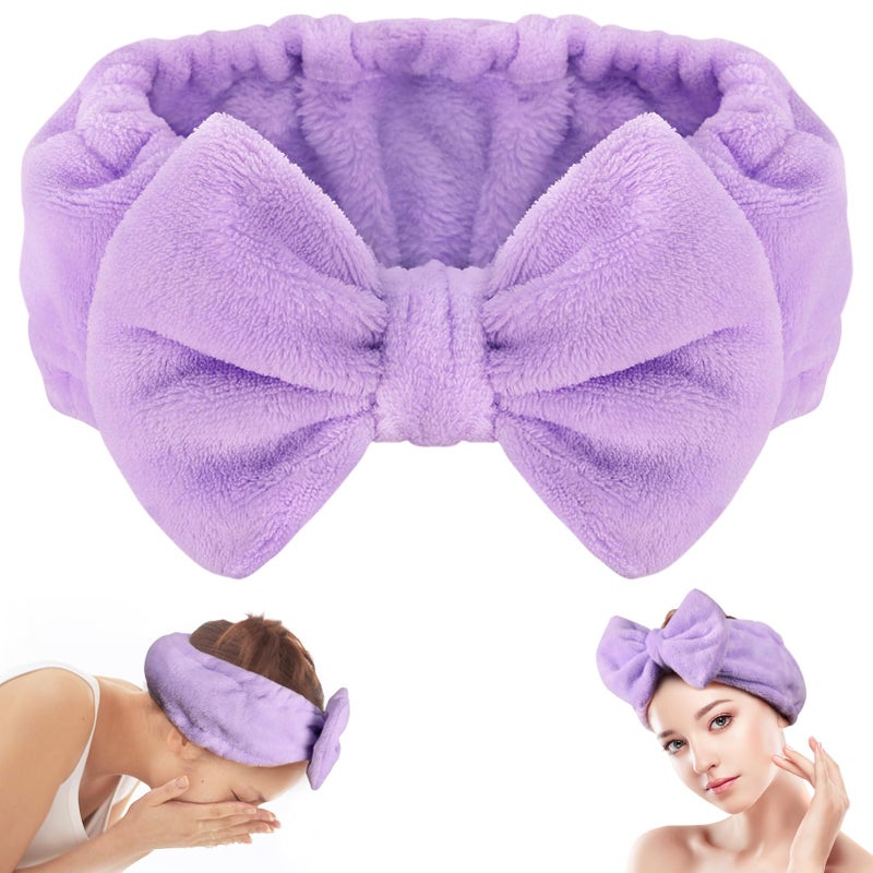 Shintop Spa Headband, Soft Makeup Headband with Cute Bow Elastic Face Wash Hairband for Skincare Facial Mask Showersï¼ˆPurpleï¼‰ - Image 1