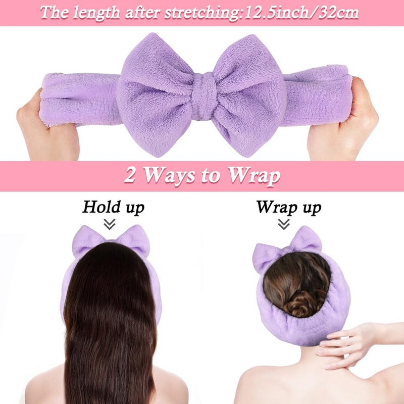 Shintop Spa Headband, Soft Makeup Headband with Cute Bow Elastic Face Wash Hairband for Skincare Facial Mask Showersï¼ˆPurpleï¼‰ - Image 3