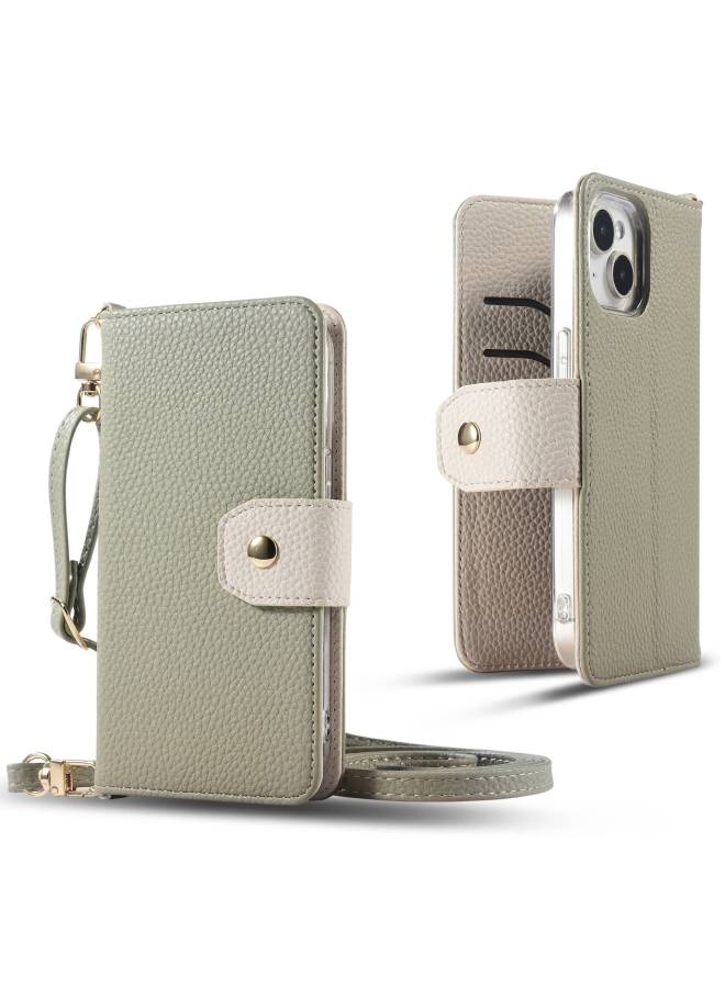 IPhone16 Litchi Pattern Multifunctional Mobile Phone Case Suitable For Google 9pro Card-in Hand Account Type 12 Case-Color:Matcha Green-Applicable Models:iphone15 Pro Max - Image 1