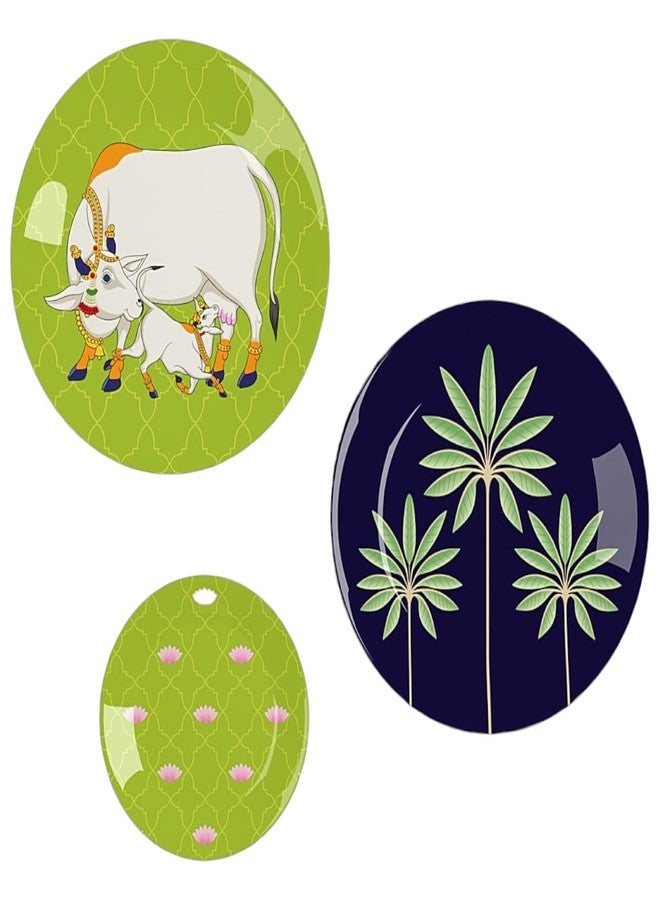 WOODHANG Set of 3 Decorative Plates with Sacred Cow, Palm Tree, and Lotus Motifs|Wall Art for Home Decoration|Wall Decor Items for Living Room|Wall Art|Wall Showpiece - Image 2